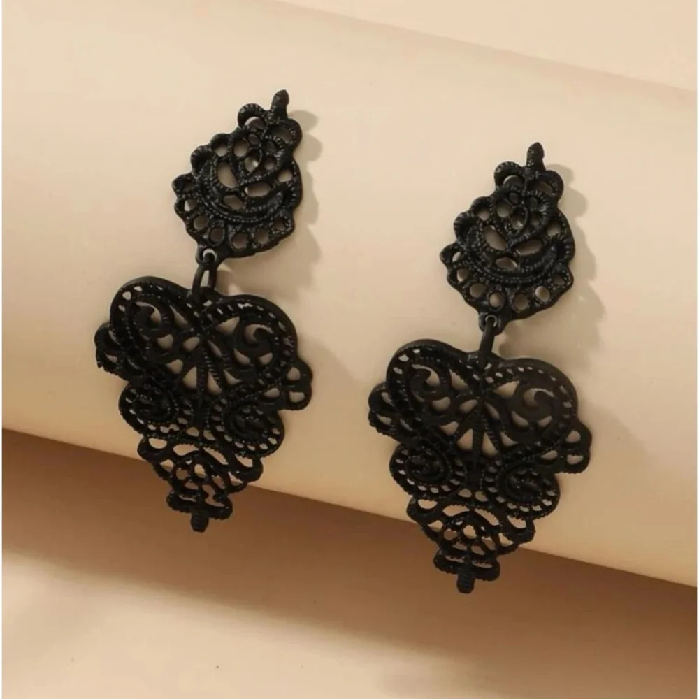 Lacy Gothic Glam GoddessWear Filigree & Scroll Gunmetal Black StatementE… - Picture 3 of 4